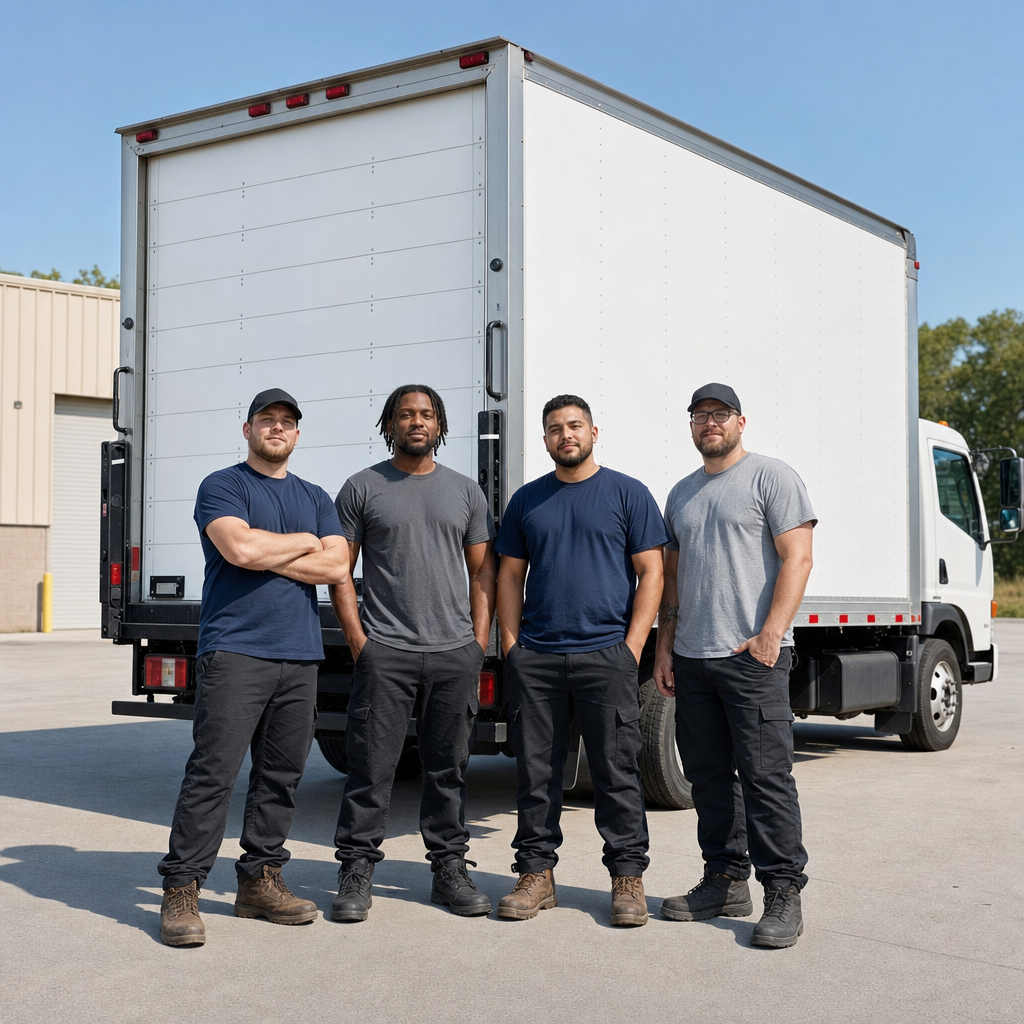 Four uniformed Fayetteville movers standing relaxed in front of a clean white commercial box truck at the depot