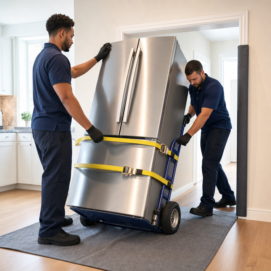 Two uniformed Fayetteville movers tilting a refrigerator onto an appliance dolly with straps in a kitchen doorway