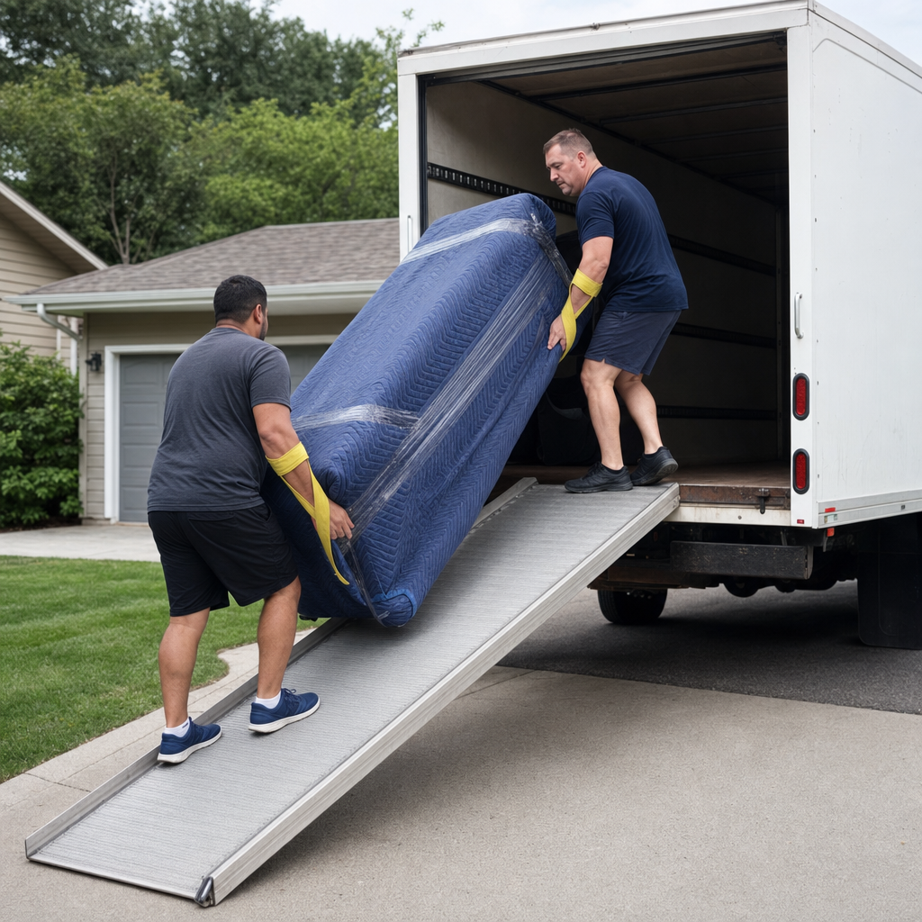Two uniformed Fayetteville movers loading wrapped furniture into a rental box truck in a suburban driveway, using hi-vis yellow lifting straps and e-track securing