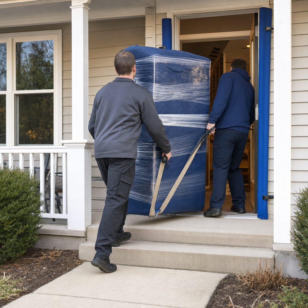Two uniformed Fayetteville movers carrying a quilted-blanket-wrapped dresser through a home's front doorway with door-jamb protection in place